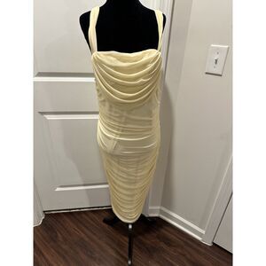 PrettyGarden Yellow Ruched Bodycon Midi Dress Size Large Summer Cocktail Dress